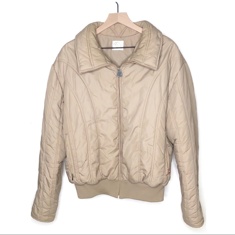 Vintage Roffe Skiwear Puffer Jacket Tan Zip Front Ribbed Hem Oversized XL